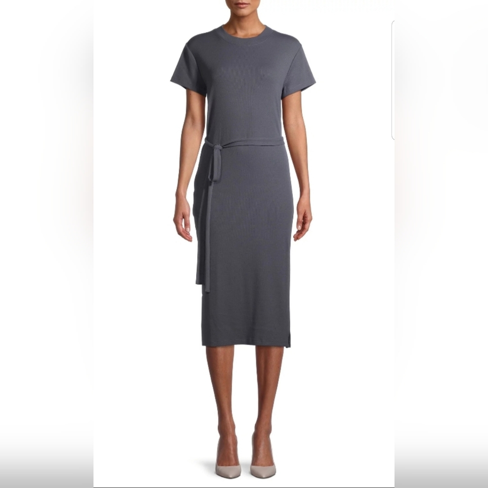 Time and Tru Long Midi Short Sleeve Belted Gray Side Splits Dress Large